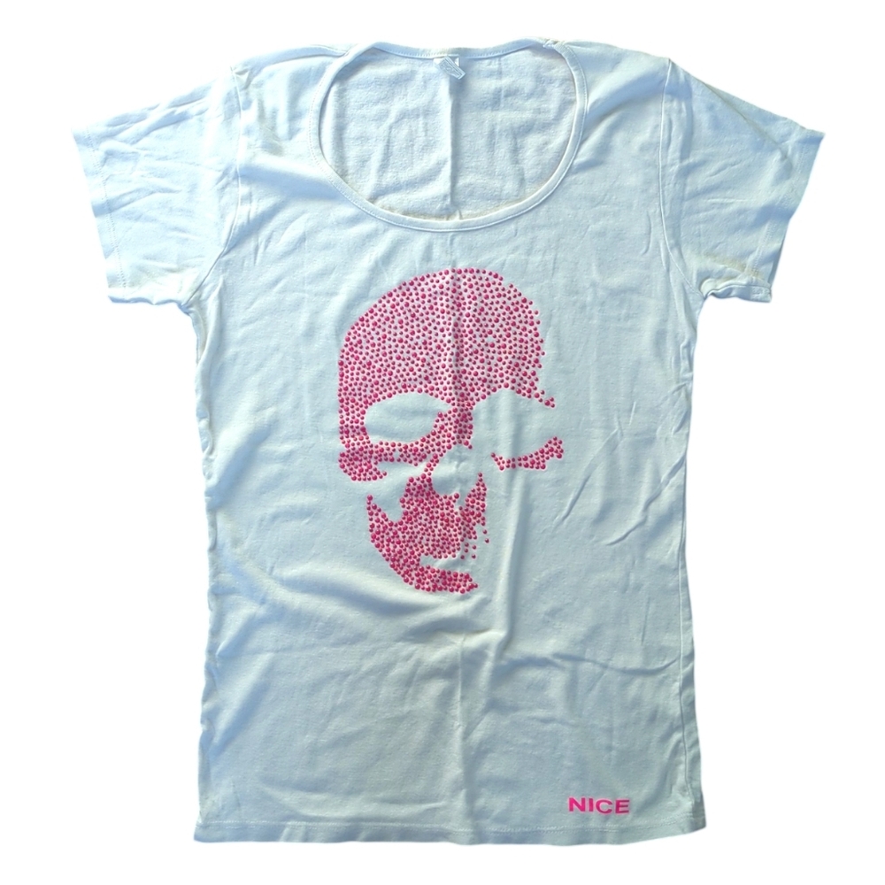 Pink 3D Skull Baby Tee, Nice France, Juniors L / Women's XS / S Fitted T-shirt